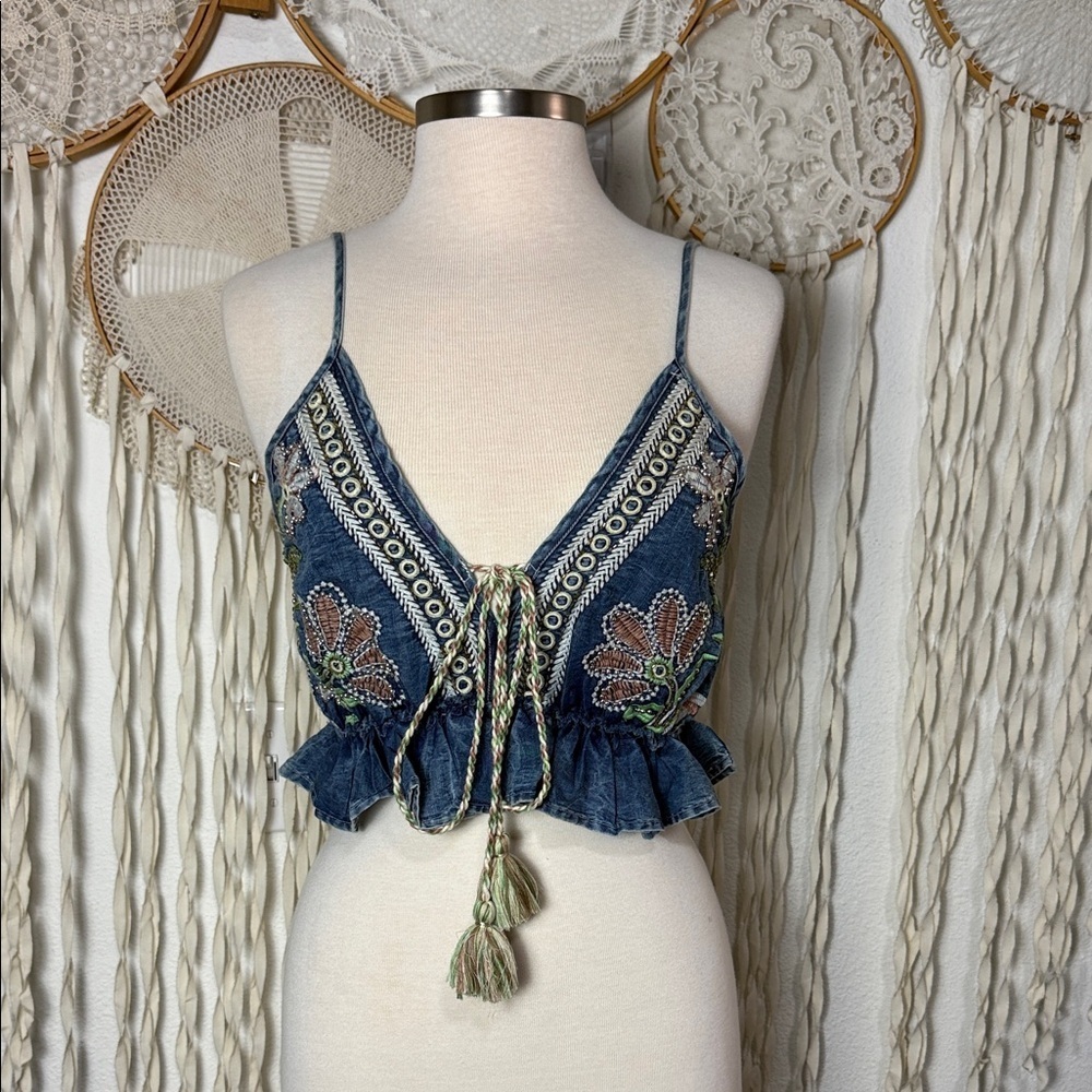 Papa Pia Chambray Embellished Beaded Embroidered Boho Gypsy Cropped Top O/S